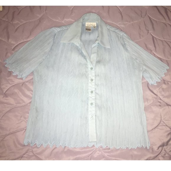 Light Blue Chevron Ruched Button Down Blouse - Picture 1 of 3